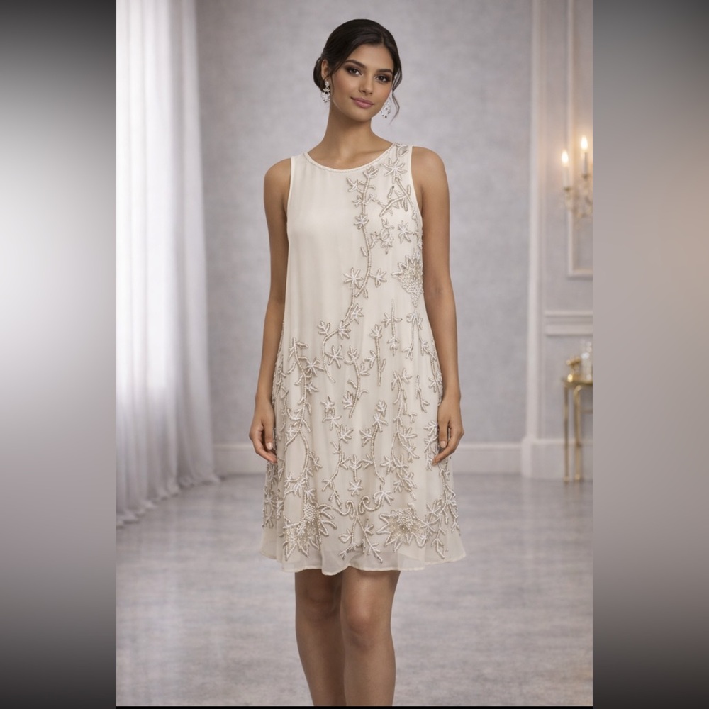 Badgley Mischka white with pearls sleeveless cocktail dress - Picture 3 of 12
